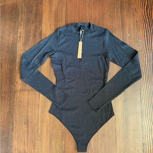 SKIMS Black Cotton Rib Henley Bodysuit